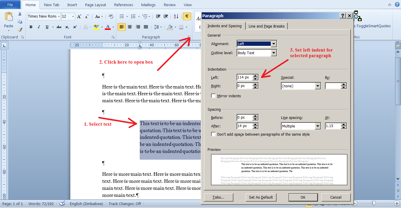 screen shot showing how to format a para in MS Word